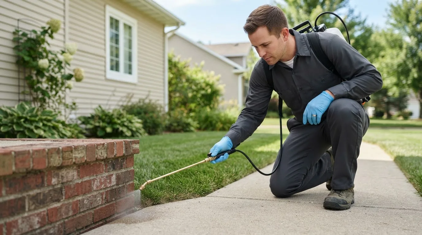 Pest control technician treating a home near Shelby, IN